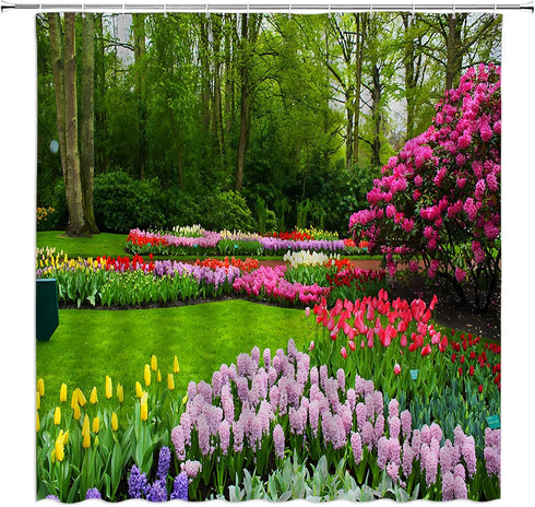 Garden Landscape Shower Curtain Colorful Flower Green Plant Tulip Floral Forest Tree Spring Nature Scenic Rustic Bathroom Home Curtain with Hooks,...