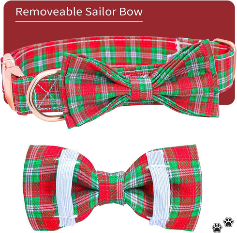 Dog Collar with Bow, Red Plaid Dog Collar Soft Durable Adjustable Cotton Red Green Tartan Puppy Collar for Small Medium Large Dog...