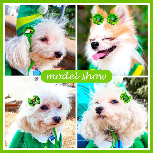 80pcs St.Patrick's Day Dog Bows, Holiday Pet Samll Dog Hair Grooming Bows with Rubber Bands, St.Patrick's Day Green Lucky Clover Element Dog Hair ...