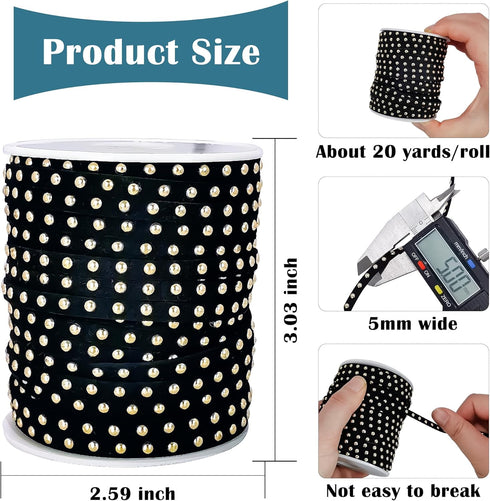 20 Yards Black Studded Faux Suede Cord Lace 5mm Flat Faux Leather Strip Ribbon with Aluminum Rivets Micro Fiber Braiding Leather String for DIY Je...