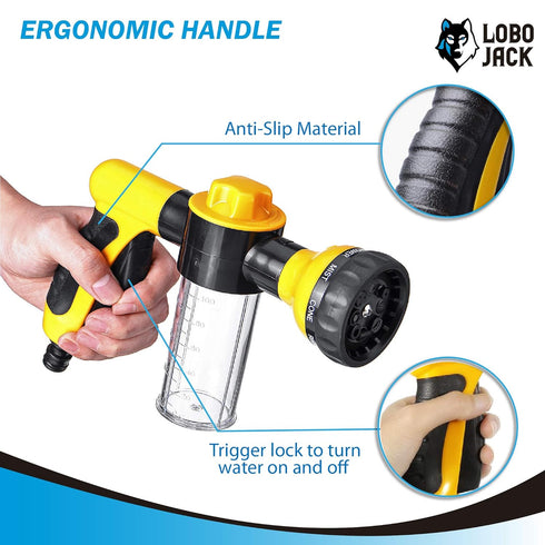 Foam Sprayer Gun, Pressure Nozzle for Car Wash, Watering plants, Pet Shower, Outdoor Fun - 8 Watering Patterns and Soap Dispenser (Yellow)...