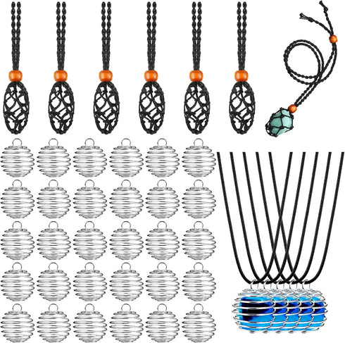 66 Pieces Empty Stone Holder Quartz Stone Necklace Cord Fish Netted Cord Adjustable Crystal Holder Spiral Bead Cages Pendants Black Waxed Necklace...