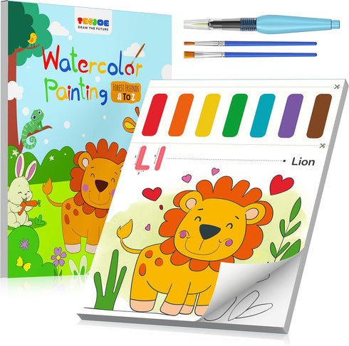 TECJOE Paint with Water Coloring Books for Toddlers, 26 Pages A to Z Animal Watercolor Paint Set with 3 Brushes, Mess Free Watercolor Painting Kit...