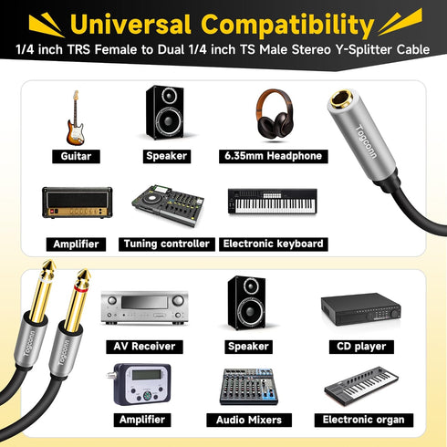 2-Pack 1/4 inch TRS Stereo Splitter Y Cable 1 Feet, 6.35mm TRS Stereo Female Plug to Dual 6.35mm Male TS Mono Jack Audio Speaker Adapter?Short 6.3...