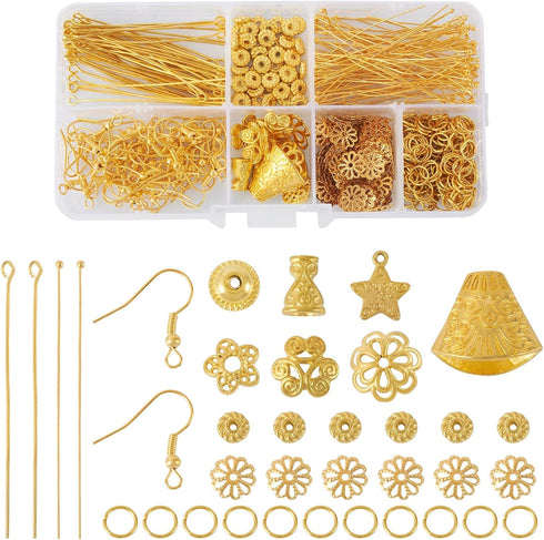 Pandahall 1 Box Jewelry Making Supplies Kits with Earring Hooks/Bead Caps/Eyepins/Jump Rings (Golden)...