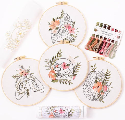 4p Embroidery starter kit with Abstract art patterns and instructions, DIY adult beginner cross stitch kits, including 2 plastic embroidery hoop, ...