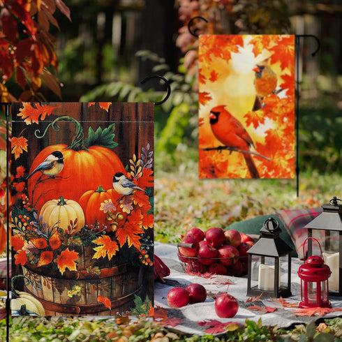 2 Pack Fall Thanksgiving Pumpkin Garden Flag Halloween 12 x 18 Inch Double Sided Vertical Burlap Cardinals Bird Fall Garden Flag for Seasonal Holi...