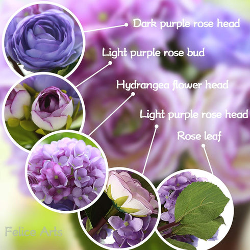 Felice Arts 12" Purple Hydrangea Silk Flowers Bouquet, Peonies Artificial Flowers for Wedding Bridal Bouquets Home Table Centerpieces Baby Shower ...