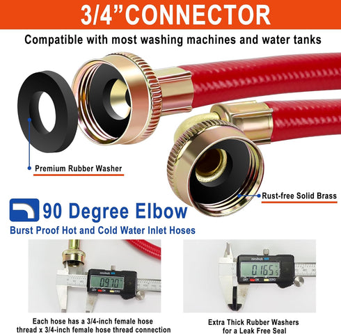 6 FT Washing Machine Hoses with 90 Degree Elbows Universial Rubber Washer Hose No-Lead Burst-proof Hot and Cold Water Supply Hoses for Washing Mac...