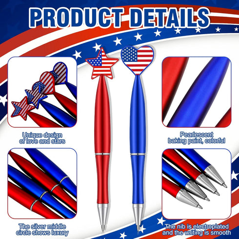 28 Pieces American Flag Pens Independence Day Pens Patriotic Day Ballpoint Pens USA Stars Retractable Pens 1.0 mm Black Ink Ballpoint Pens Heart P...