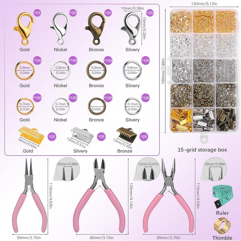 982 Pieces Jewelry Making Repair Kit with Jewelry Jump Rings Lobster Clasps 3 Pieces Jewelry Pliers Soft Tape Measure Brass Jump Ring Opener Jewel...
