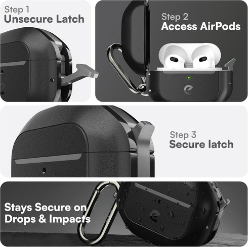 KeyBudz Waterproof Case for AirPods 3, Secure Hydro Latch Lock, Full-Body Rugged Protective Hard Shell Cover with Carabiner (Carbon Black)...