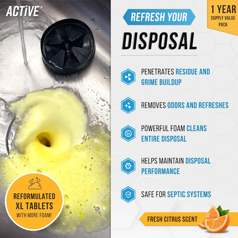 Garbage Disposal Cleaner Deodorizer Tablets - 24 Pack, New Powerful XL Foaming Tablet - Fresh Citrus Foam Sink Garburator Disposer Freshener, Natu...