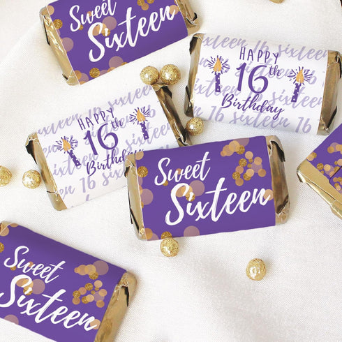 Purple and Gold Sweet 16 Birthday Party Mini Chocolate Candy Bar Wrappers - Sweet Sixteen Party Favor Stickers - 42 Stickers...