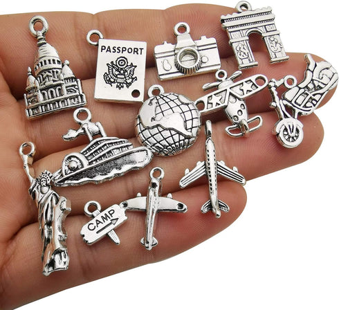 WOCRAFT 50pcs Wholesale Bulk Lots Travel Charms for Jewelry Making Mixed Smooth Tibetan Silver Metal Charms Pendants DIY for Jewelry Making Neckla...