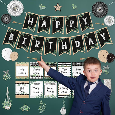 48 Pcs Classroom Happy Birthday Bulletin Board Sets Decorations, Eucalyptus Greenery Plant Birthday Classroom Decor, Nature Birthday Chart Poster ...