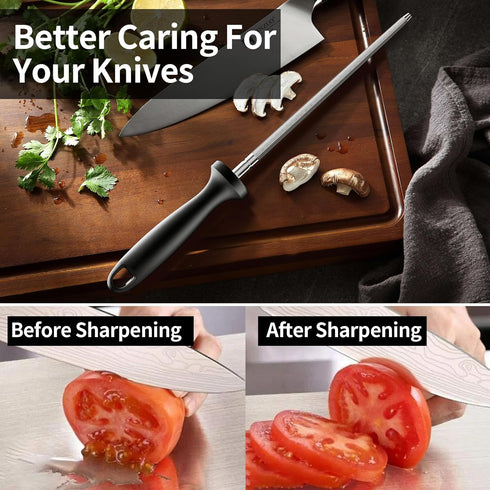 Knife Sharpener Rod, Kitchen Knives Sharpener Carbon Steel Professional Knife Sharpening Steel, Honing Rod with Hanging Holes (13 inches)...