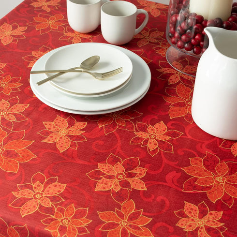 Benson Mills Poinsettia Scroll Printed Rectangle Fabric Table Cloth, Winter, Holiday and Christmas Tablecloth (60" X 104" Rectangular, Red)...