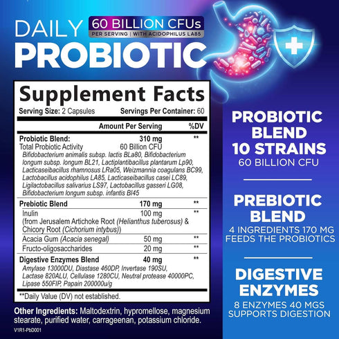 Daily Probiotics and Prebiotics 60 Billion CFU - 10 Strains + 4 Prebiotics, Supports Gut Health, Constipation, Gas & Bloating, Digestive Nutrition...