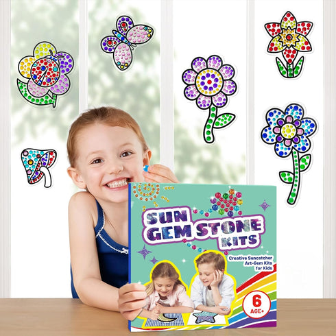 atydkug Window Gem Art Diamond Kits Painting for Kids - Fun Arts & Crafts 6 Sheets Flowers Gem Art Painting Kits by Numbers for Girl, Birthday Par...