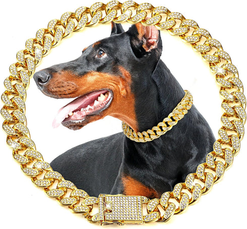 LEIFIDE Dog Chain Collar Gold 20 mm Wide Diamond Collar Large Dog Necklace Metal Pet Crystal Collar Jewelry Accessories for Medium Large Dogs(18 I...