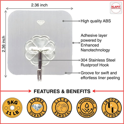 KLAPiT Super Hook - Heavy-Duty Adhesive Wall Hooks, Holds Up to 11 lbs, Waterproof, No Damage, Easy Install on Tile, Wood, Stone, Glass & Metal - ...