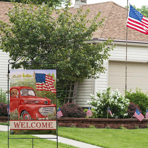 Welcome Summer American Red Truck 4th of July Decorative House Flag, Garden Yard Lawn Patriotic America Dog Outside Decor, USA Spring Home Outdoor...