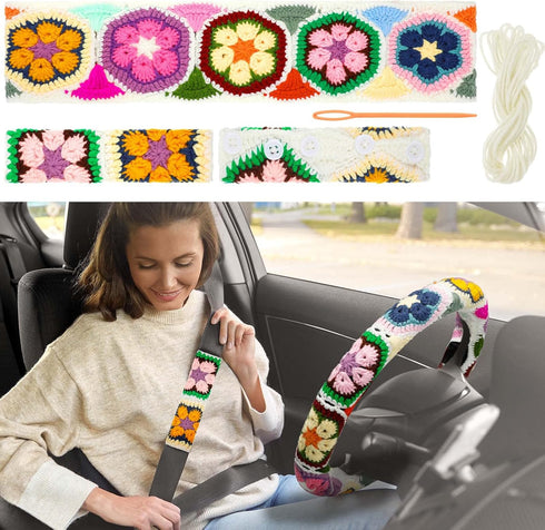 Geelin 3 Pcs Crochet Steering Wheel Cover with Crochet Belt Cover Boho Floral Crochet Car Steering Wheel Cover Handmade Seat Belt Shoulder Cover P...