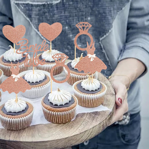 Ercadio 36 Pack Bride to Be Cupcake Toppers Rose Gold Glitter Dress Heart Ring Cupcake Picks Wedding Bachelorette Bridal Shower Party Cake Decorat...