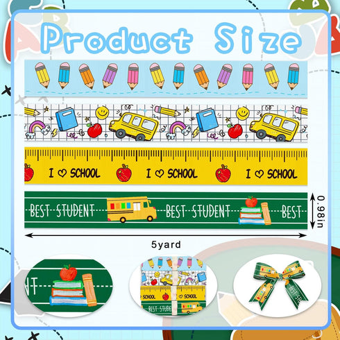 4 Rolls 20 Yards Back to School Ribbons, Best Student Grosgrain Ribbons Blue Green Yellow Ribbons Apple Pencil School Bus Gift Wrapping Ribbons fo...
