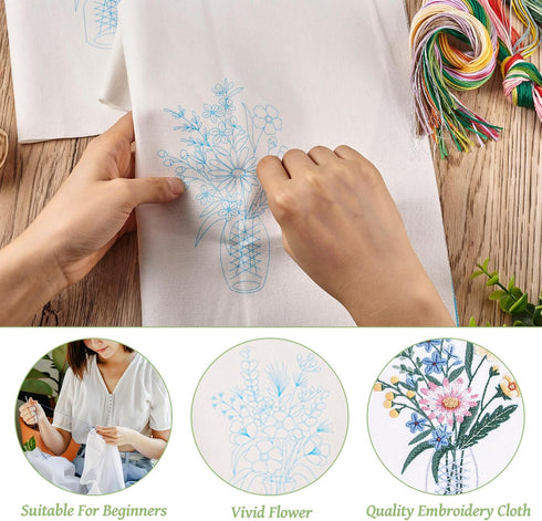 Boutigem 3 Pack Embroidery Kit for Beginners Flower Vase Pattern Fabric Cross Stitch Set with Embroidery Cloth Threads Needle Wire for DIY Sewing ...