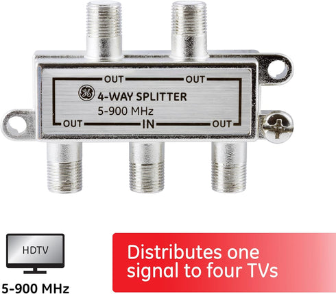GE 4-Way Coaxial Cable Splitter, 5-900 Mhz Range, RG59 RG6 Coax Compatible, Audio, Video, Works with HD TV, Cable, Amplifiers, Amplified Antennas,...