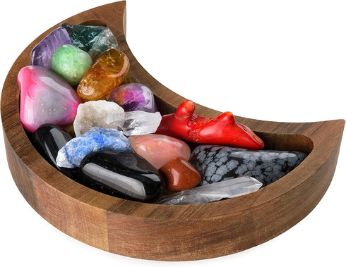 Curawood Crescent Moon Tray - Showcase Your Gems, Healing Stones & Treasures - 6"x3" Wooden Crystal Display Tray, Crystal Holder for Stones Displa...
