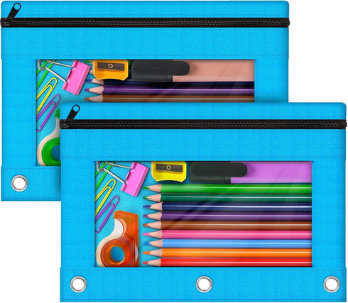 Pencil Pouch for 3 Ring Binder, 2 Pack Pencil Bags with Zipper, Sky Blue Pencil Case for Classroom School Office Supplies, Large Sturdy and Durabl...