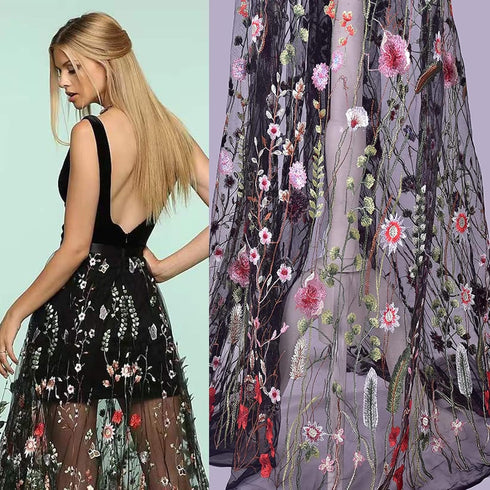 Black Lace Fabric, Exquisite Colorful Floral Flower Embroidered Sewing Lace Fabric, Length 71" Width 59" Elegant Soft Tulle Dress Fabric for DIY C...