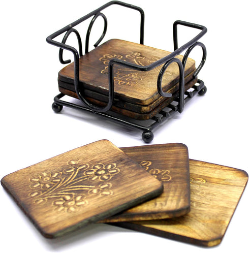 StonKraft Wooden Tea Coffee Coasters/Rustic Vintage Look Coasters Set with Wrought Iron Holder...
