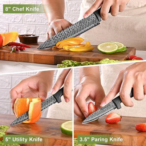 3 Pcs Kitchen Knife Set with Cover, Black Knives Set for Kitchen Stainless Steel, Damascus Pattern Chef Knife set with Sheath, Sharp Cutting Knive...