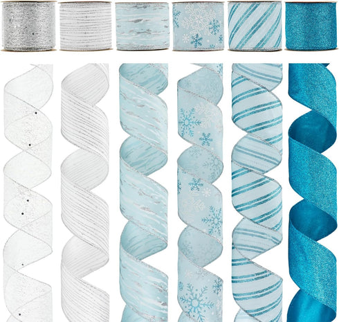 HUIHUANG Blue Ribbon for Christmas Tree, Christmas Blue and Silver Wired Christmas Ribbons for X-mas Tree, Wreath, Garland, Bows, Home Decor, Gift...