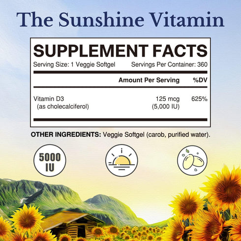 VITALITOWN Vitamin D3 5000 IU (125 mcg), Supports Bone, Immune, Teeth, Muscle & Nerve Health, D3 Vitamin, Easy-to-Swallow, Vegetarian, 360 Softgel...