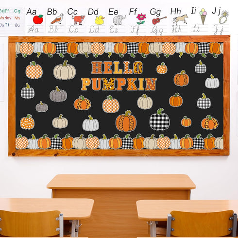 Whaline 92Pcs Hello Pumpkin Bulletin Board Kit Plaid Leopard Fall Pumpkin Decoration Border Cutout with Glue Points for Fall Harvest Thanksgiving ...