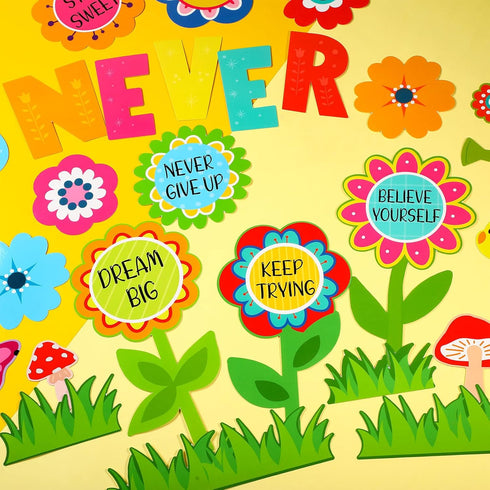 Funrous 90 Pcs Never Stop Growing Bulletin Board Decorations Summer Spring Classroom Theme Decor Positive Bulletin Board Set Flower Cutouts Inspir...