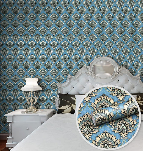 Y9832 Damask Peel and Stick Wallpaper 17.7" x 9.8ft Light Blue Removable Contact Paper Self-Adhesive Damask Furniture Paper Drawer Shelf Liner Vin...