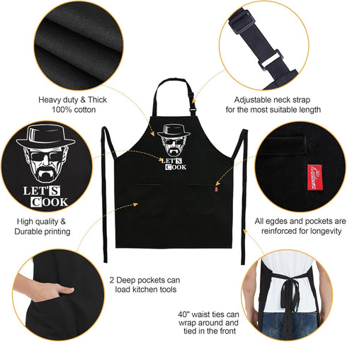 Funny Cooking Aprons for Men - Let’s Cook - Men's Black Funny Kitchen Chef Grilling BBQ Aprons with 2 Pockets - Birthday Father’s Day Christmas Gi...