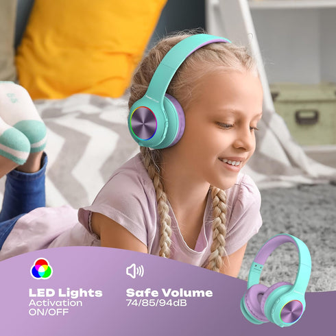 PowerLocus PLED Kids Bluetooth Headphones, Kids Wireless Headphones with LED Lights, 74/85/94dB Safe Volume, Micro SD, AUX Cable, Hi-Fi Stereo, Bu...