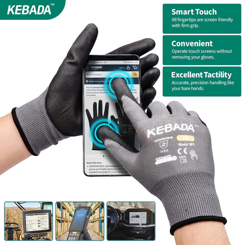 W1 Work Gloves for Men and Women,Touchscreen Working Gloves with Grip,12 Pairs Bulk Pack Mechanic Gloves,PU Coating on Palm & Fingers,Breathable M...