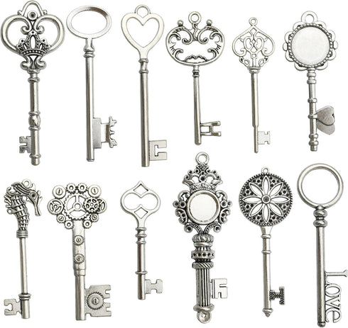 iloveDIYbeads 12pcs Antique Silver Huge Skeleton Key Craft Supplies Charms Pendants for Crafting, Jewelry Findings Making Accessory For DIY Neckla...