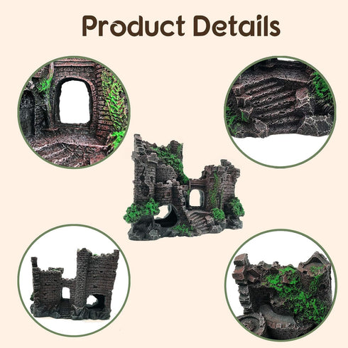 PINVNBY Resin Classical Castle Reptile Habitat Decorations Lizard Hideouts Cave Terrarium Realistic Details Ornament Aquarium Accessories for Cham...