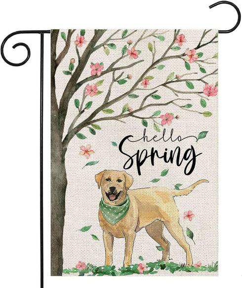 Hello Spring Dog Garden Flag 12x18 Inch Double Sided,Golden Retriever Under The Tree Small Yard Flag for Outdoor,Summer Seasonal Decors for Farmho...