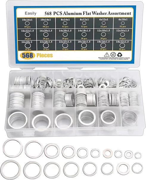 Crush Washer Oil Drain Plug - 568 Pieces 18 Sizes Aluminum Automotive Engine Oil Pan Drain Plug Gasket Assortment Kit (M6 M8 M10 M12 M14 M16 M18 M...