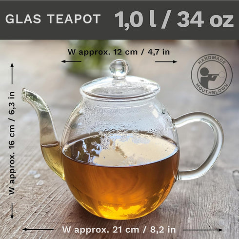 Creano glass teapot 34oz (1000ml), tea maker with integrated stainless steel strainer and glass lid, ideal for preparing loose teas, drip-free, al...